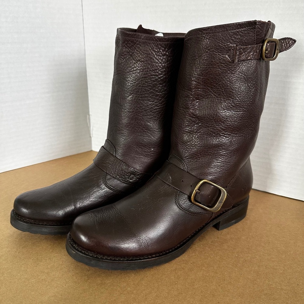 Frye Engineer Boots Womens 8.5 Dark Brown Good Pebbled Leather Buckle Moto